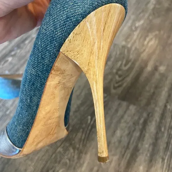 Giuseppe Zandotti Women's Size 9.5 Blue Denim & Silver Koka Peep Toe High Heels - Picture 7 of 14